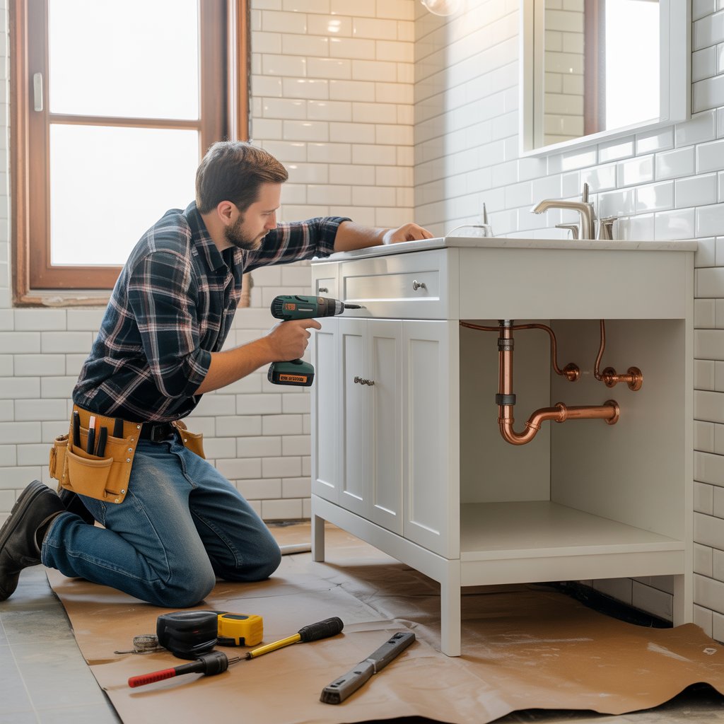 Handyman installing a vanity